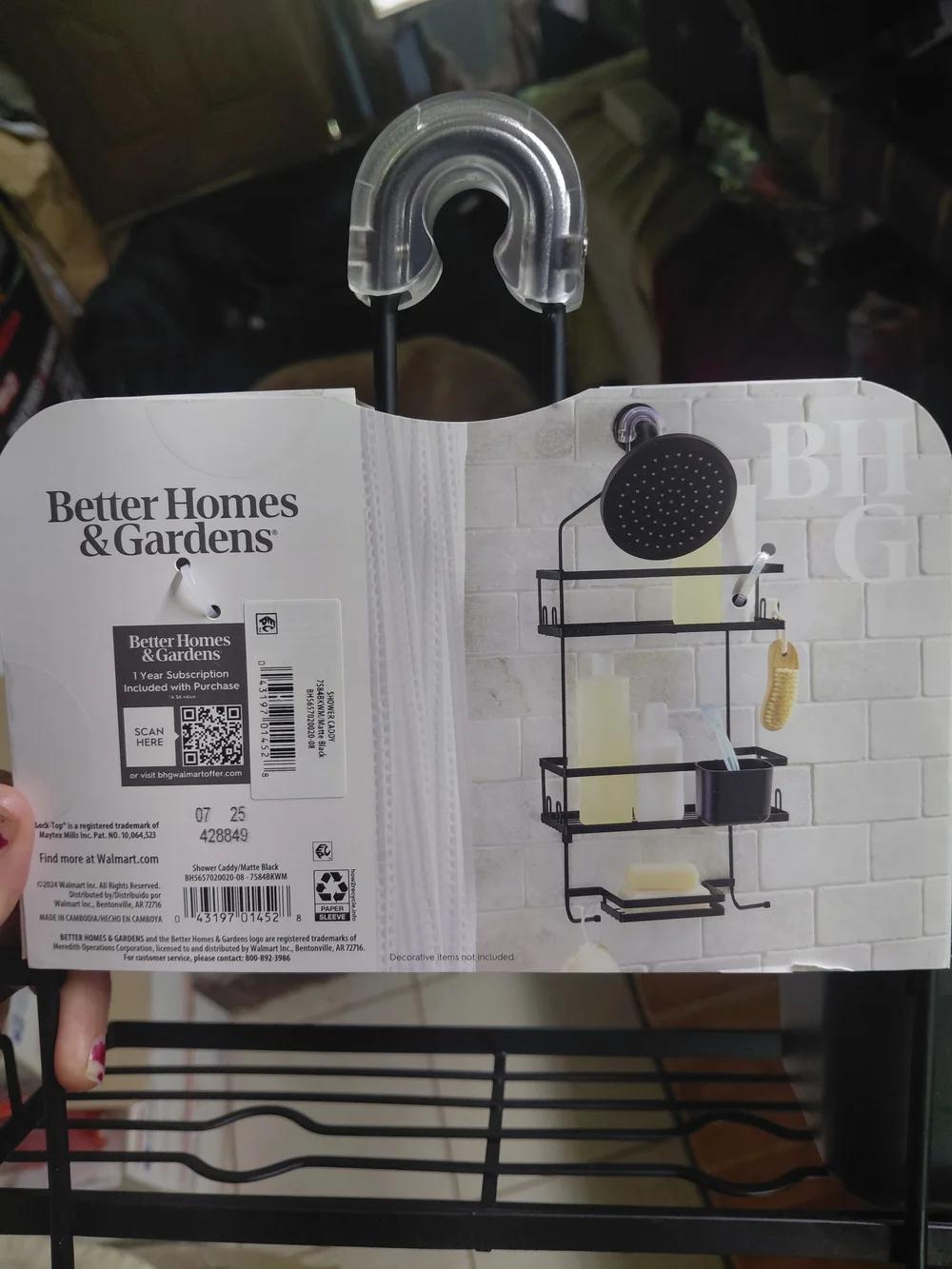 Better Homes & Gardens Lock-Top Hanging Shower Caddy in a modern matte black fin